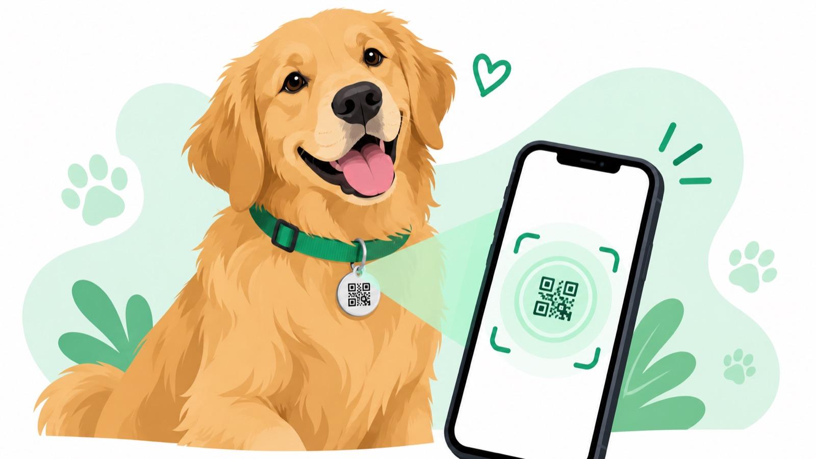 A dog's QR pet tag being scanned with a phone
